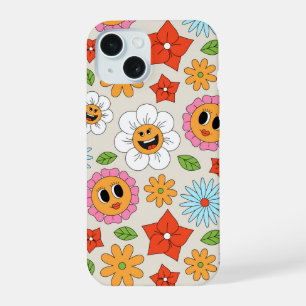 Retro Cartoon Flowers Whimsical Happy Fun iPhone 15 Case