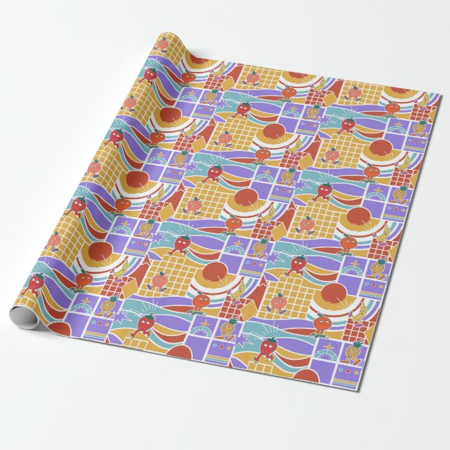 Retro Cartoon Fruits Geometric Pattern Wrapping Paper (Unrolled)