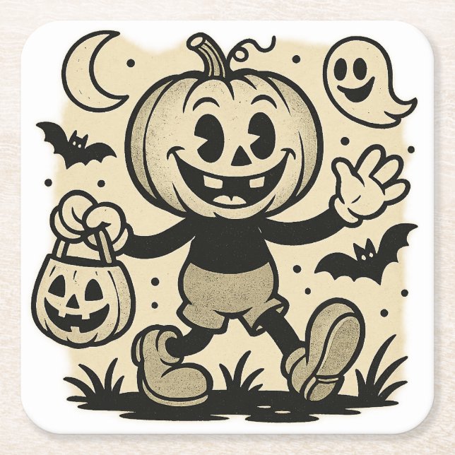 Retro cartoon-inspired pumpkin Halloween coaster (Front)