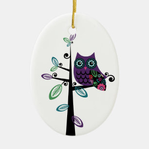 Retro Cartoon Owl in His Funky Tree Ceramic Tree Decoration