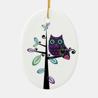 Retro Cartoon Owl in His Funky Tree Ceramic Tree Decoration