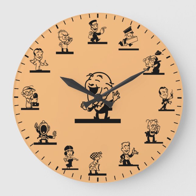 Retro Cartoon People Black Themed Large Clock (Front)