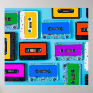 Retro Cassette: Blue Background Collection Poster