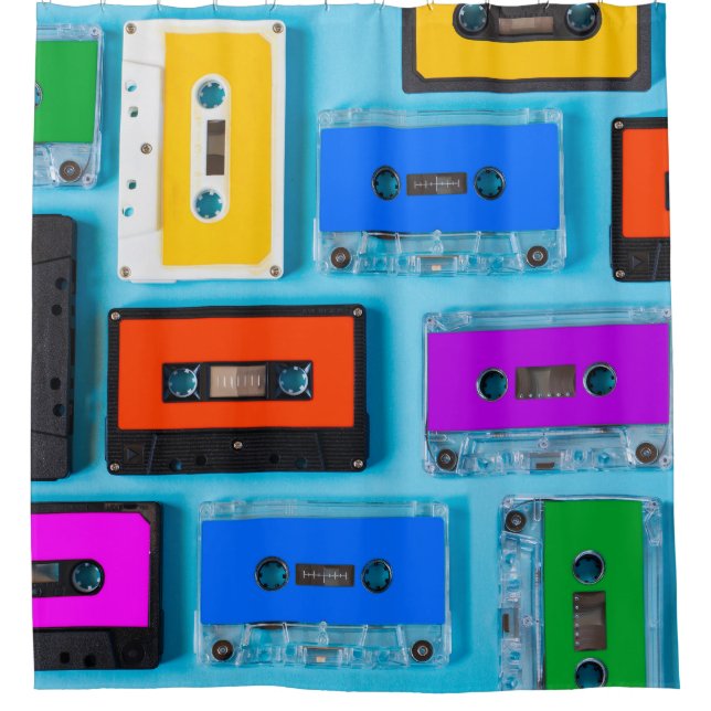 Retro Cassette: Blue Background Collection Shower Curtain (Front)