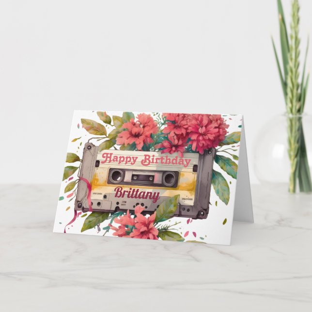 Retro Cassette | Floral Happy Birthday Card (Front)