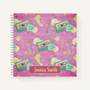 Retro Cassette Headphones Sneakers Pink Notebook