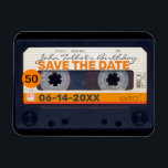 Retro Cassette tape 50th birthday Save the date M2 Magnet<br><div class="desc">Old cassette tape or audio cassette to personalise with your name and date. Design on flexible photo magnet with text for 50th Birthday "Save the Date". Matching birthday save the date postcard, birthday invitation, birthday paper napkin and guest book (spiral notebook and hard cover). Don't forget the whole collection of...</div>