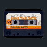 Retro Cassette tape 50th birthday Save the date M2 Magnet<br><div class="desc">Old cassette tape or audio cassette to personalise with your name and date. Design on flexible photo magnet with text for 50th Birthday "Save the Date". Matching birthday save the date postcard, birthday invitation, birthday paper napkin and guest book (spiral notebook and hard cover). Don't forget the whole collection of...</div>