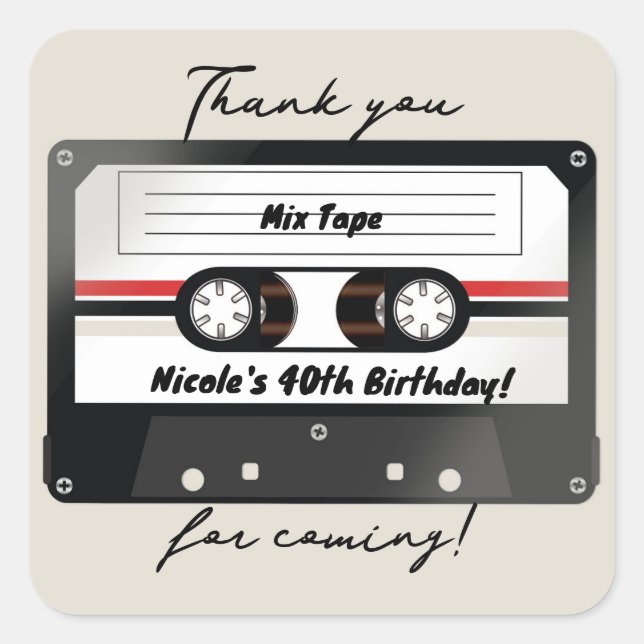 Retro Cassette Tape Beige Grey 90's Birthday Party Square Sticker (Front)