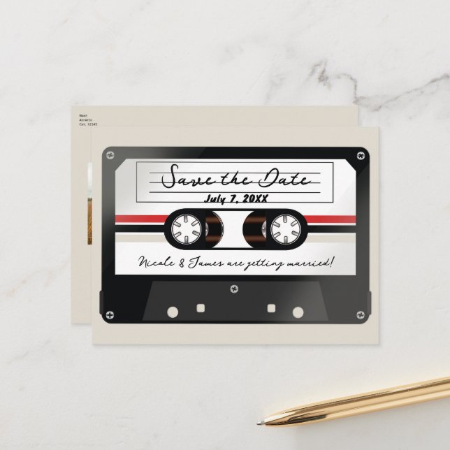 Retro Cassette Tape Beige Grey 90's Save the Date Announcement Postcard (Front/Back In Situ)