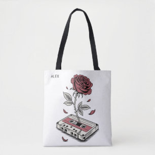 Retro Cassette Tape Rose Personalised Name Tote Bag