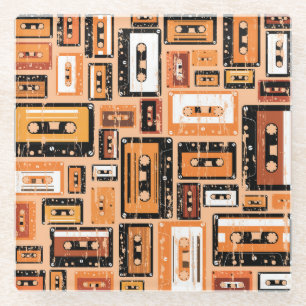 Retro Cassette Tape Seamless Pattern Glass Coaster
