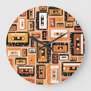 Retro Cassette Tape Seamless Pattern Large Clock