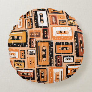 Retro Cassette Tape Seamless Pattern Round Cushion