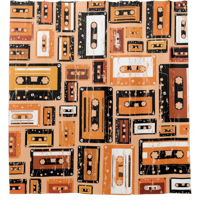 Retro Cassette Tape Seamless Pattern Shower Curtain (Front)