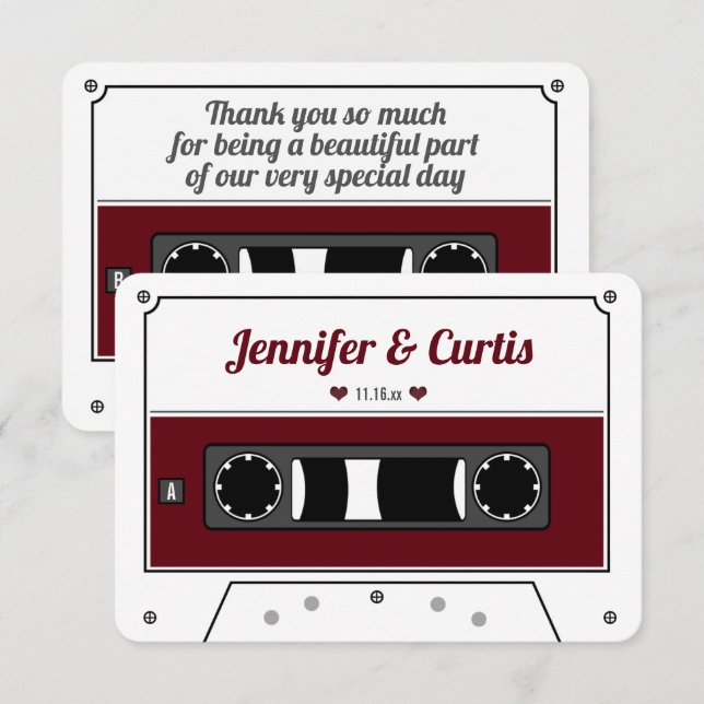 Retro Cassette Tape Wine Red Wedding Favour  Thank You Card (Front/Back)