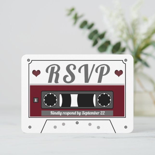 Retro Cassette Tape Wine Red Wedding RSVP Card (Standing Front)