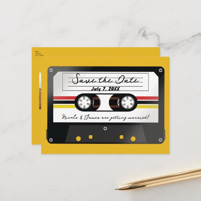 Retro Cassette Tape Yellow 90's Save the Date Announcement Postcard (Front/Back In Situ)