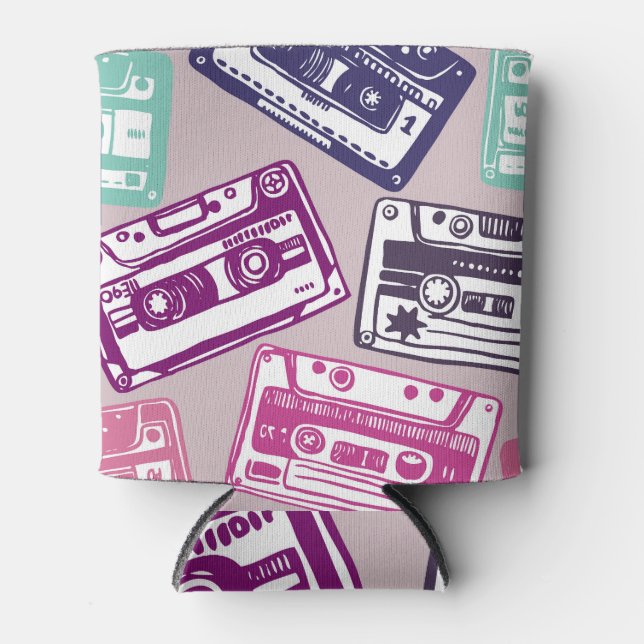 Retro cassette tapes, hand-drawn pattern. can cooler (Front)