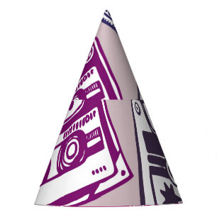 Retro cassette tapes, hand-drawn pattern. party hat
