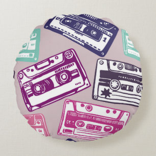 Retro cassette tapes, hand-drawn pattern. round cushion