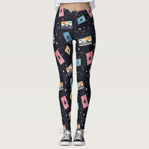 Retro Cassette Tapes in Cosmic Space Leggings