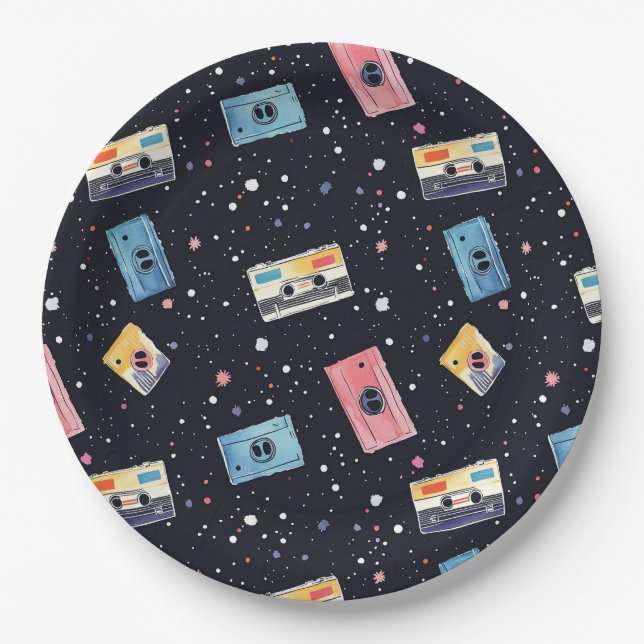 Retro Cassette Tapes in Cosmic Space Paper Plate (Front)