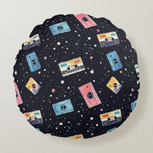 Retro Cassette Tapes in Cosmic Space Round Cushion