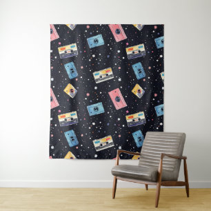 Retro Cassette Tapes in Cosmic Space Tapestry