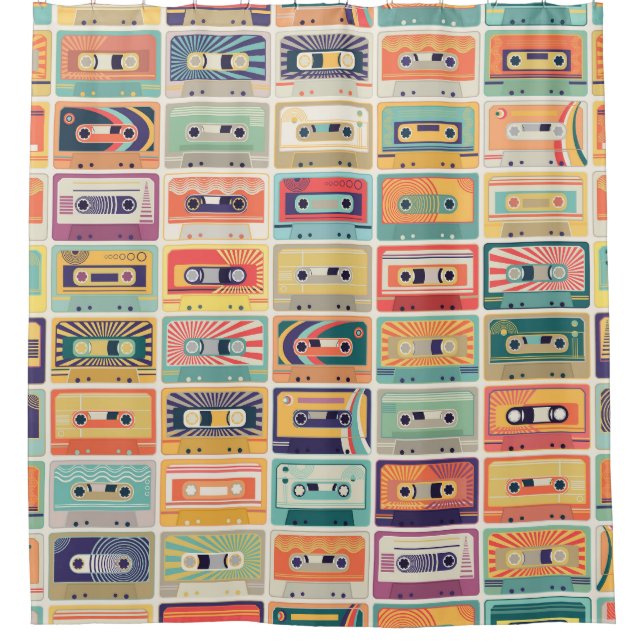 Retro Cassette Tapes Vintage Pattern. Shower Curtain (Front)