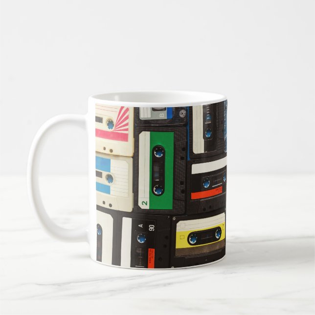 Retro Cassettes: Blue Background Vintage. Coffee Mug (Left)