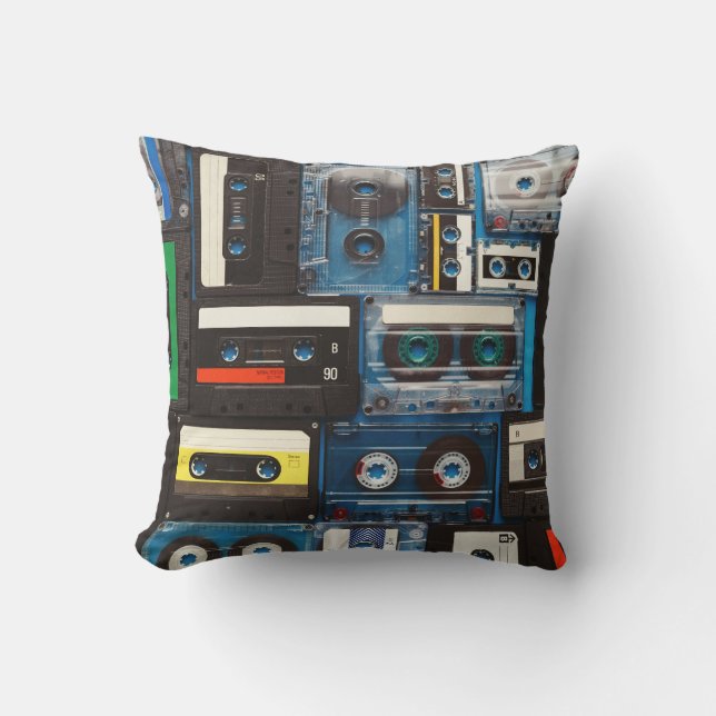 Retro Cassettes: Blue Background Vintage. Cushion (Front)