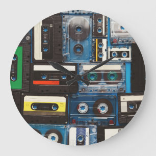 Retro Cassettes: Blue Background Vintage. Large Clock