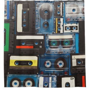 Retro Cassettes: Blue Background Vintage. Shower Curtain
