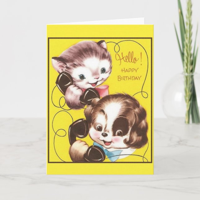 Retro Cat And Dog Birthday Greeting Card (Front)