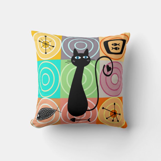Retro Cat and Fish  Cushion (Front)