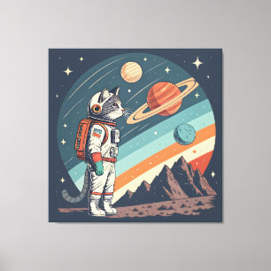 Retro Cat Astronaut Cosmic Space Illustration Canvas Print