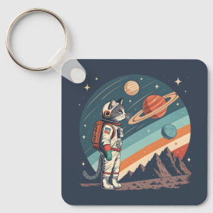Retro Cat Astronaut Cosmic Space Illustration Key Ring