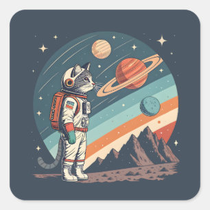 Retro Cat Astronaut Cosmic Space Illustration Square Sticker