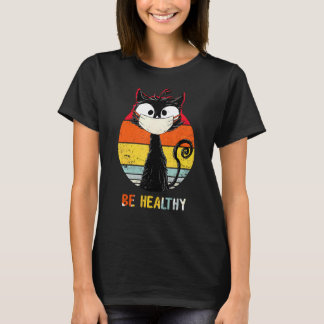 Retro Cat Black Cat Be Healthy With Face Mask Quar T-Shirt