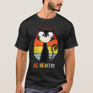 Retro Cat Black Cat Be Healthy With Face Mask Quar T-Shirt