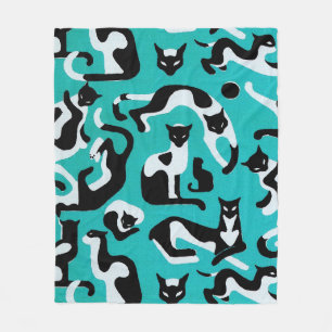 Retro cat fleece blanket, pattern aqua black white blanket