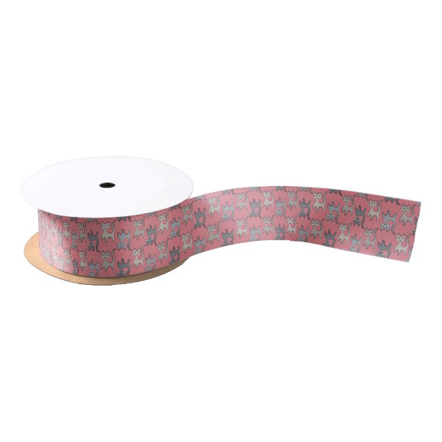 Retro Cat Graphic Pattern Grey Satin Ribbon (Spool)