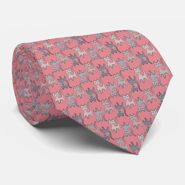 Retro Cat Graphic Pattern Grey Tie (Rolled)