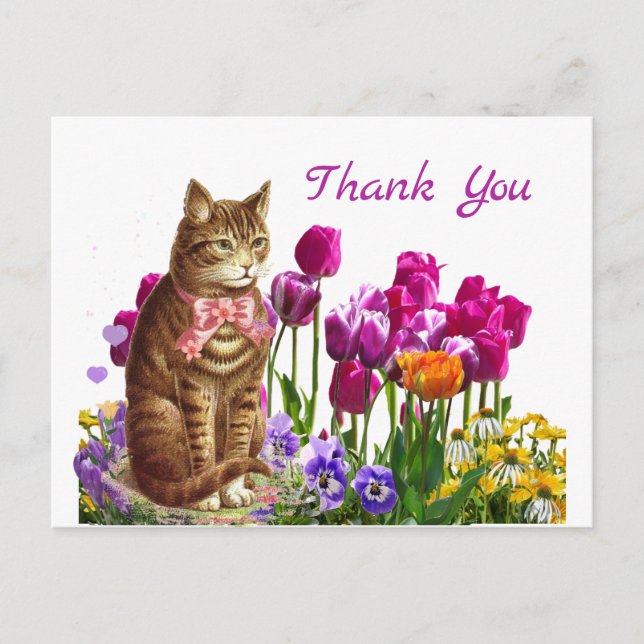 Retro Cat in Tulip  Garden Thank You Postcard (Front)