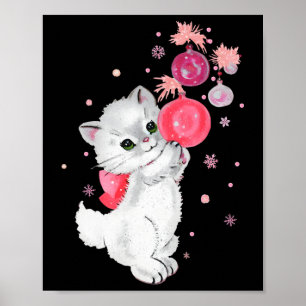 Retro Cat Kitten Plays With Pink Christmas Ornamen Poster