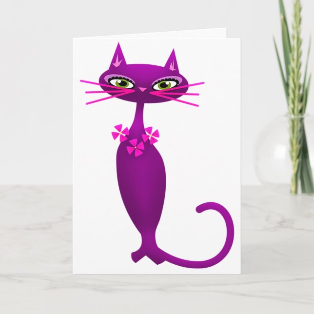 Retro cat mid century cute girly purple pink card (Front)
