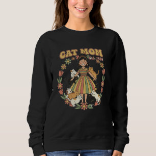 Retro Cat Mom Flower Circle Design Black  Sweatshirt