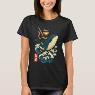 Retro Cat Ninja Riding Whale Japanese Ukiyo-e Samu T-Shirt