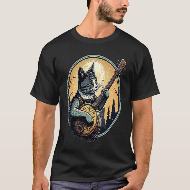 Retro Cat Playing Banjo Cute Kitten Banjo Player C T-Shirt (Front)